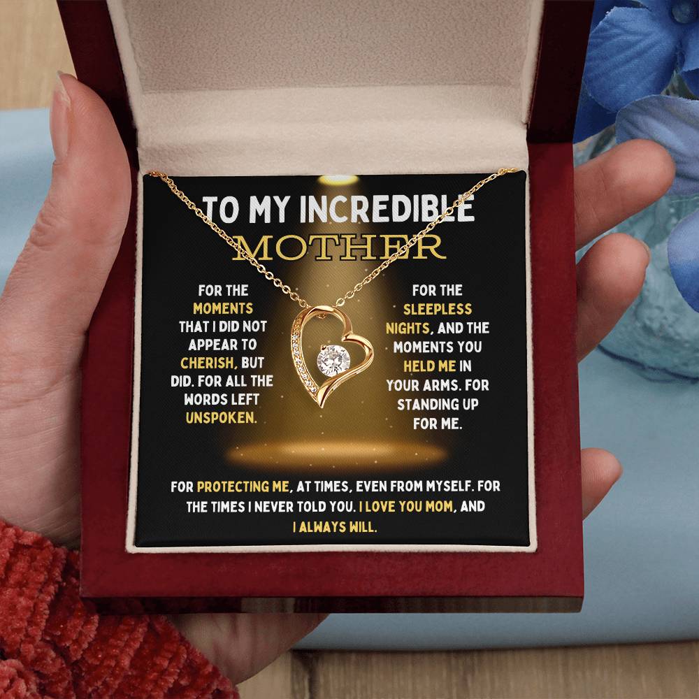 To My Incredible Mother Forever Love Necklace with Mahogany Box and LED Light