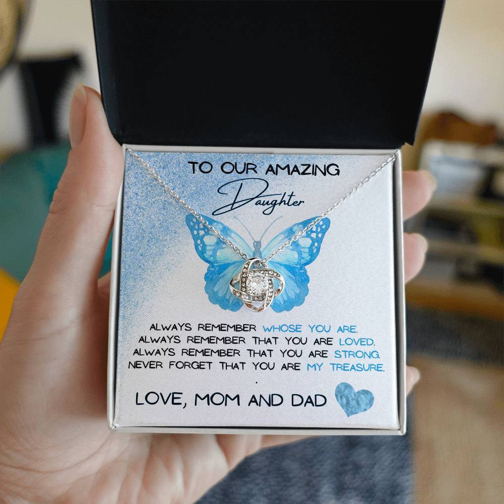 To Our Amazing Daughter Love, Mom and Dad Love Knot Necklace