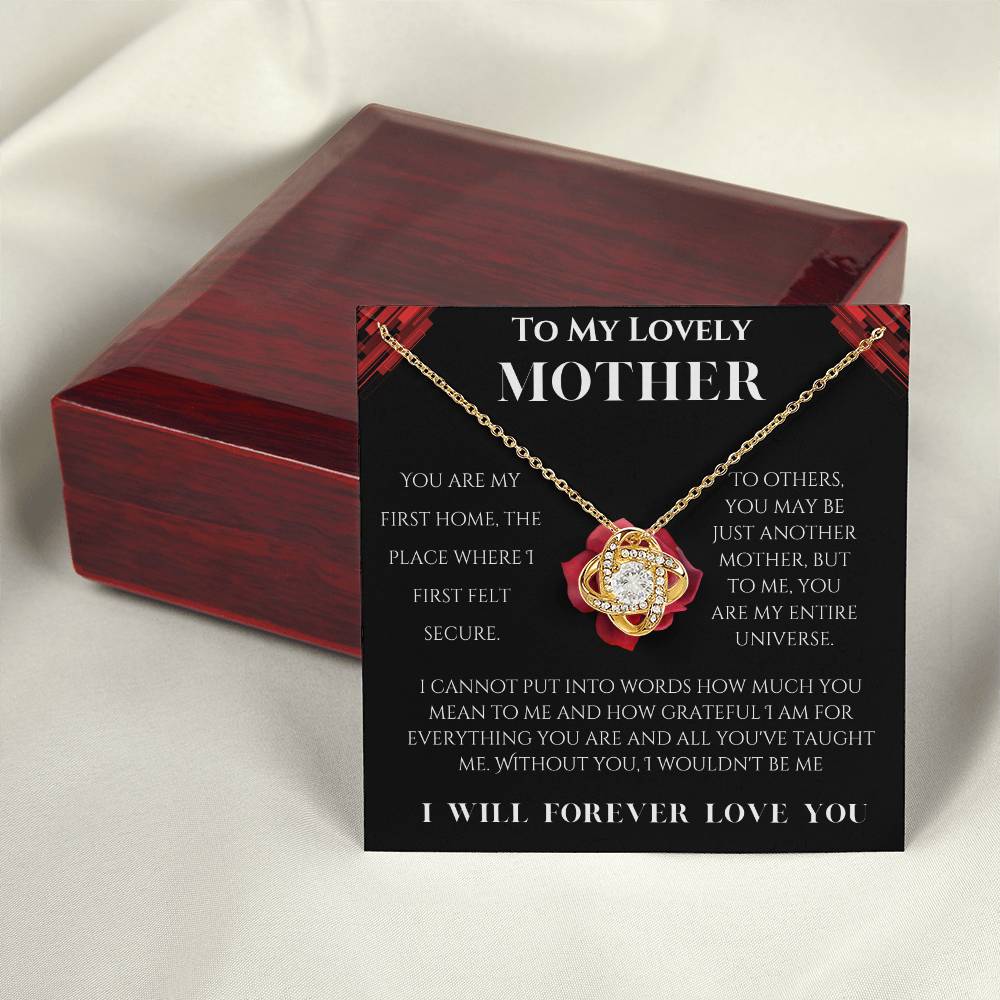 To My Lovely Mother Love Knot Necklace (Choose Standard Black Box or Mahogany Box with LED Light)