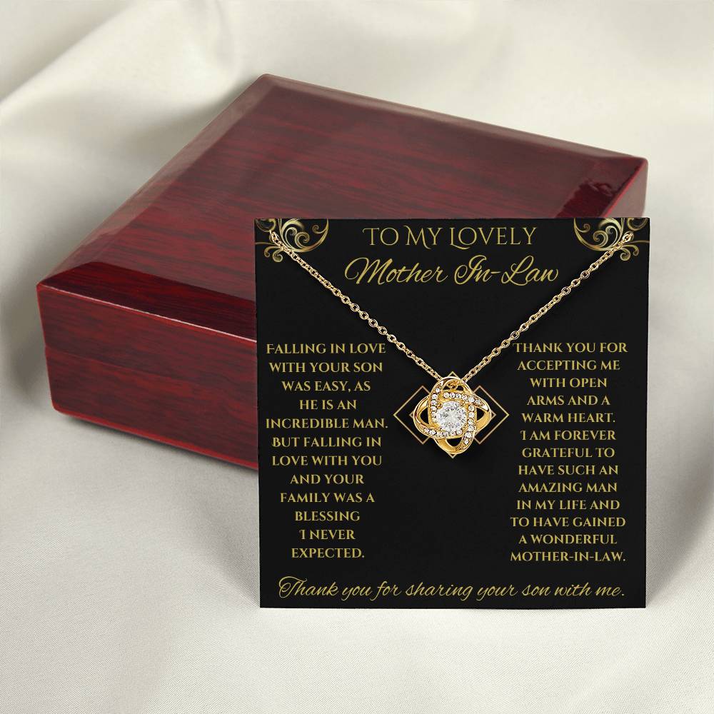 To My Lovely Mother-In-Law Love Knot Necklace (Choice of Standard Black Box or Mahogany Box with LED Light)