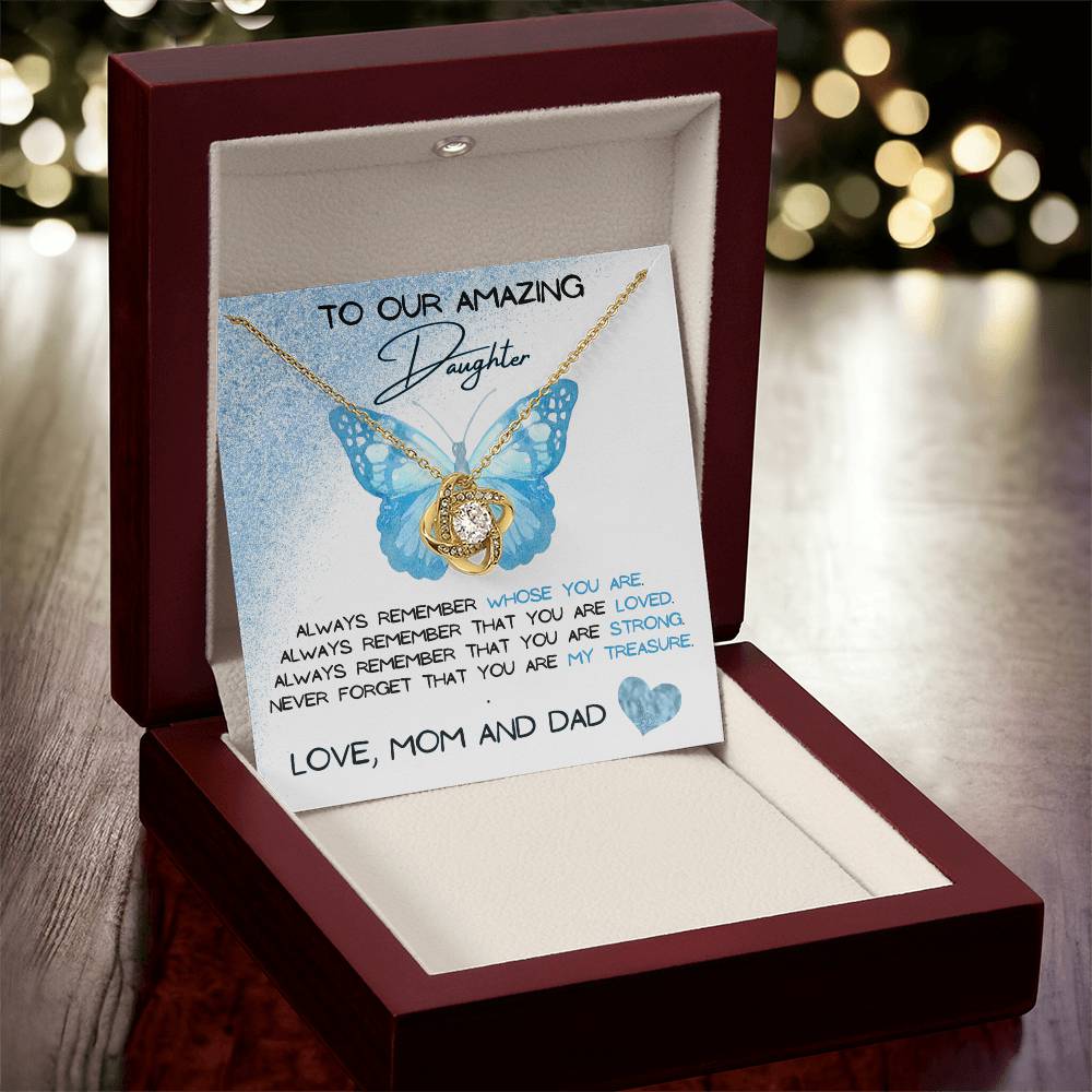 To Our Amazing Daughter Love, Mom and Dad Love Knot Necklace