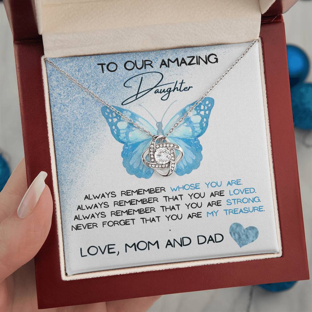 To Our Amazing Daughter Love, Mom and Dad Love Knot Necklace