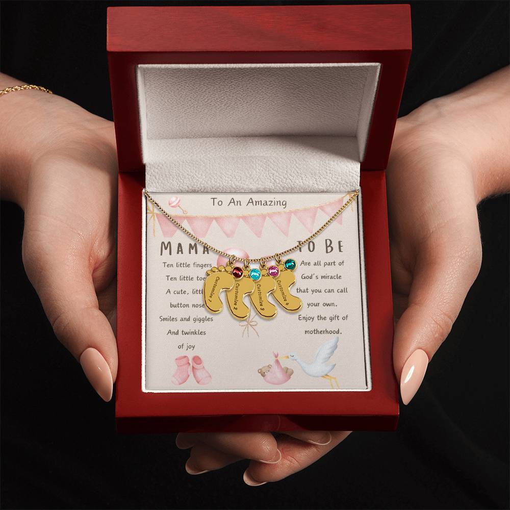 Mama To Be Engraved Baby Girl Feet with Birthstones
