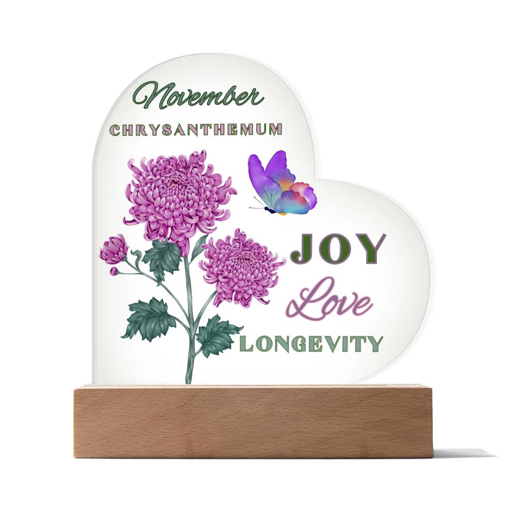 November Chrysanthemum Birth Flower Heart Acrylic