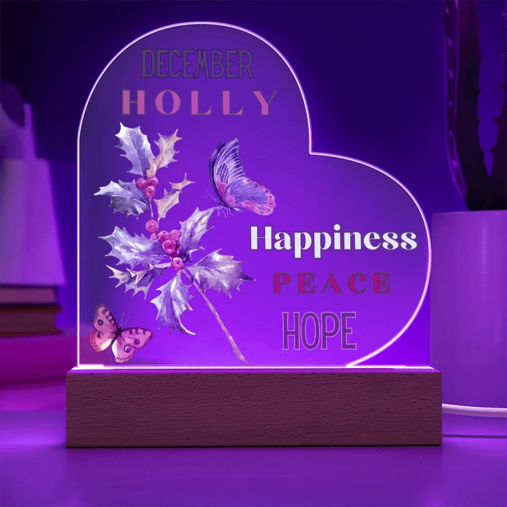 December Holly Birth Flower Heart Acrylic