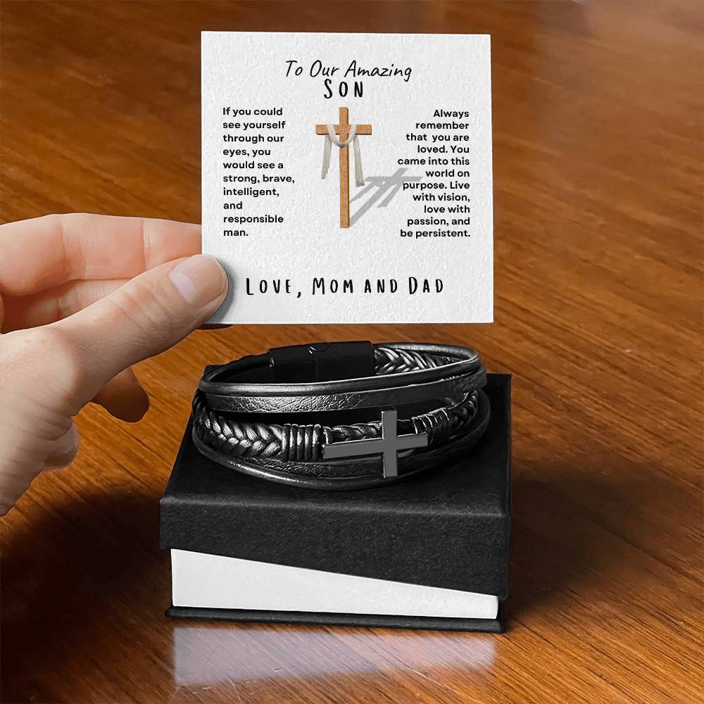 My Son Men's Cross Bracelet, Love Mom and Dad