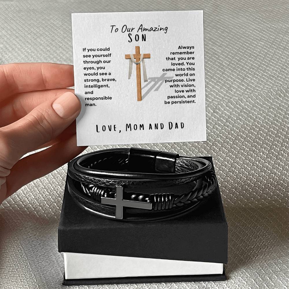 My Son Men's Cross Bracelet, Love Mom and Dad
