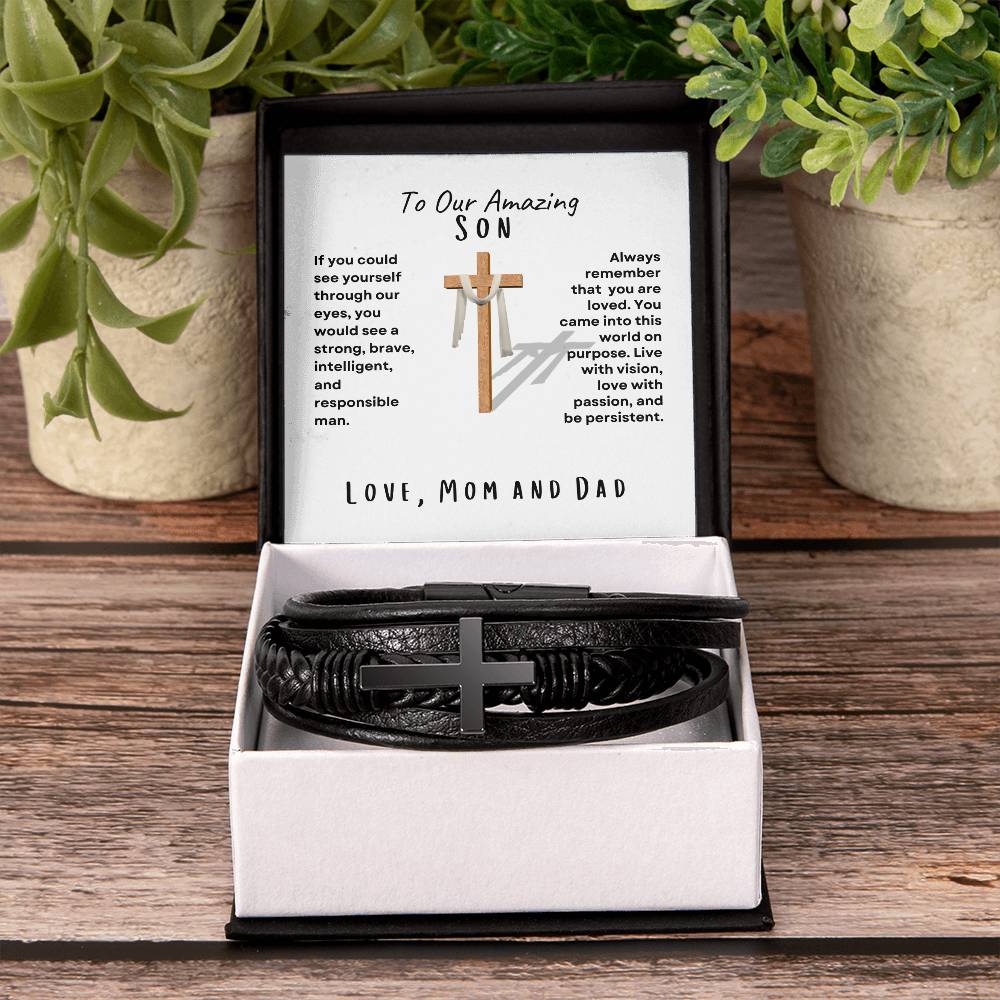 My Son Men's Cross Bracelet, Love Mom and Dad