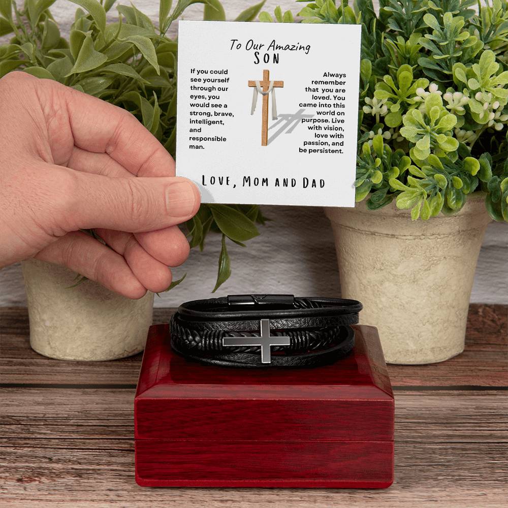 My Son Men's Cross Bracelet, Love Mom and Dad
