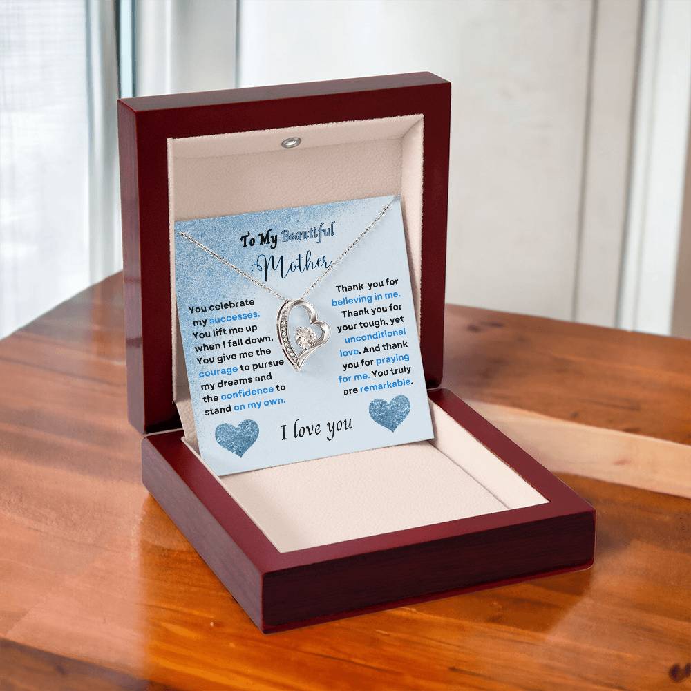 To My Beautiful Mother (Blue) Forever Love Necklace (Choose Standard Black Box or Wooden Box with LED)