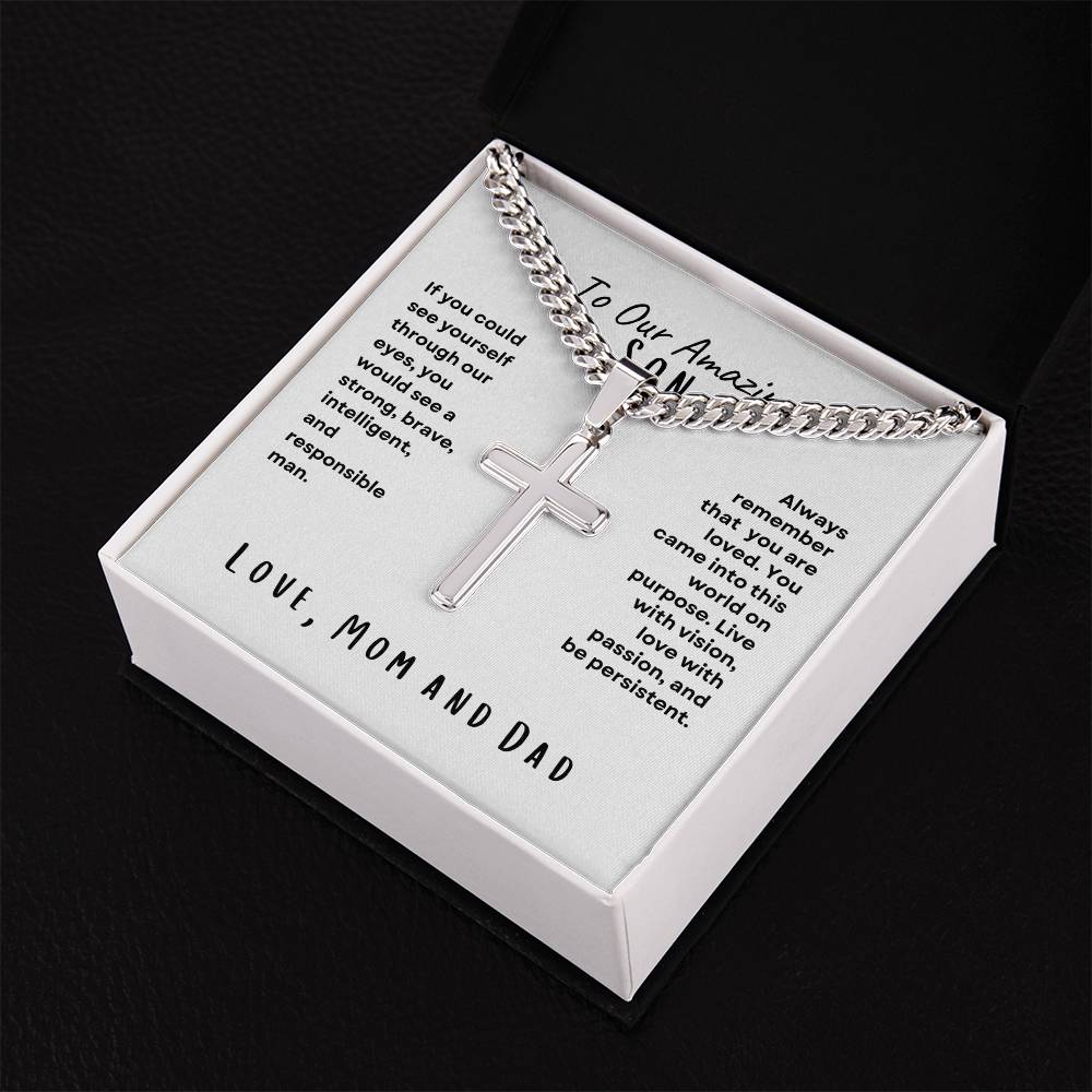 To Our Amazing Son; Love, Mom and Dad Cross Necklace