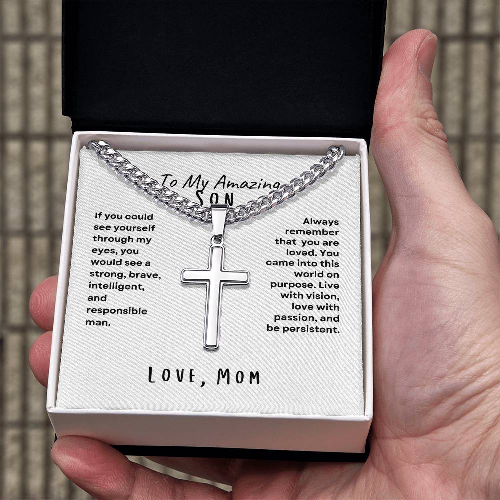 To My Amazing Son; Love Mom Cross Necklace