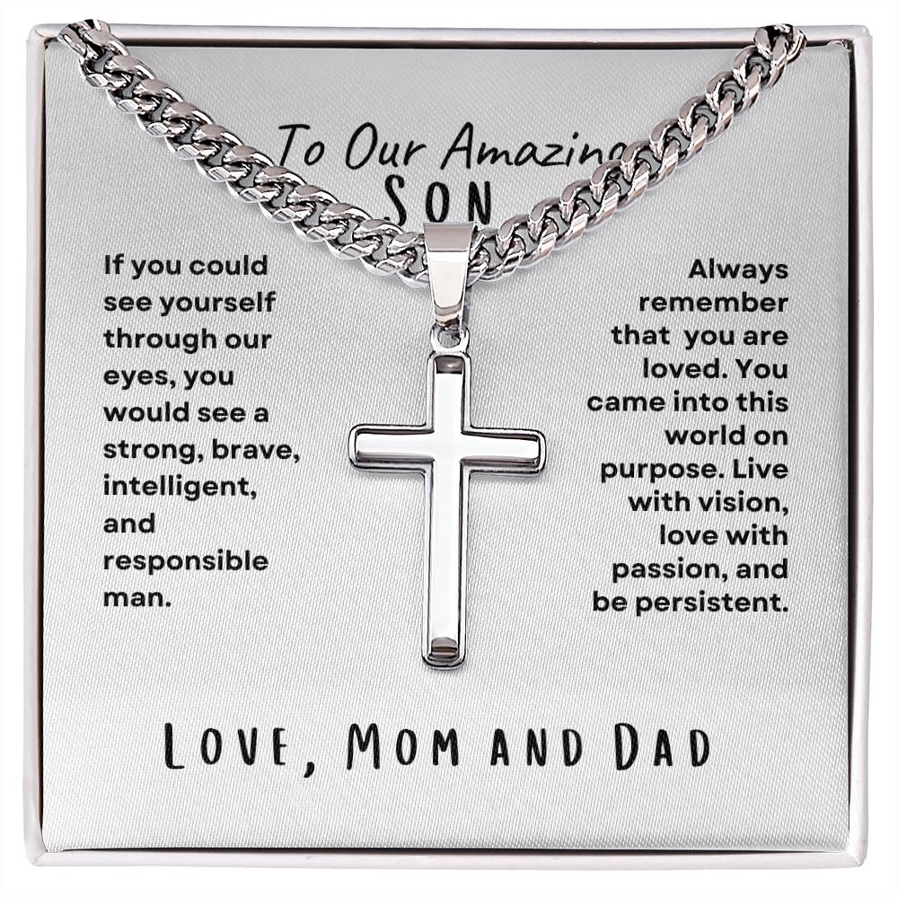To Our Amazing Son; Love, Mom and Dad Cross Necklace