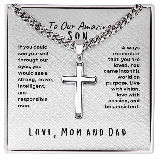 To Our Amazing Son; Love, Mom and Dad Cross Necklace