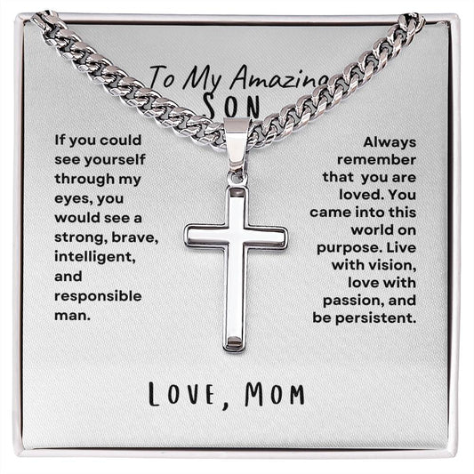 To My Amazing Son; Love Mom Cross Necklace