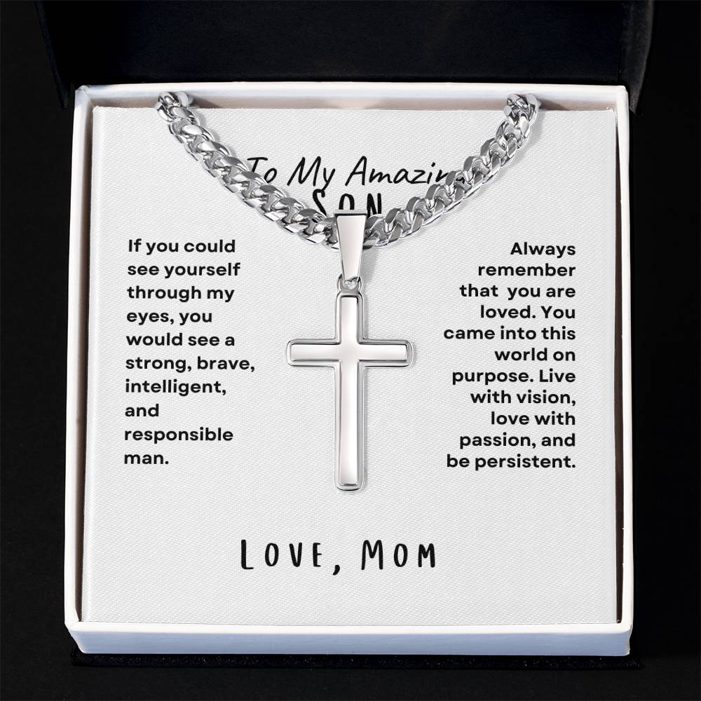 To My Amazing Son; Love Mom Cross Necklace