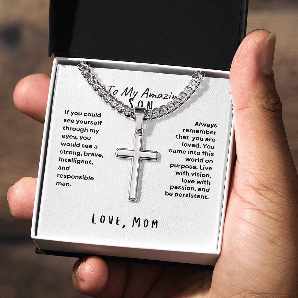 To My Amazing Son; Love Mom Cross Necklace