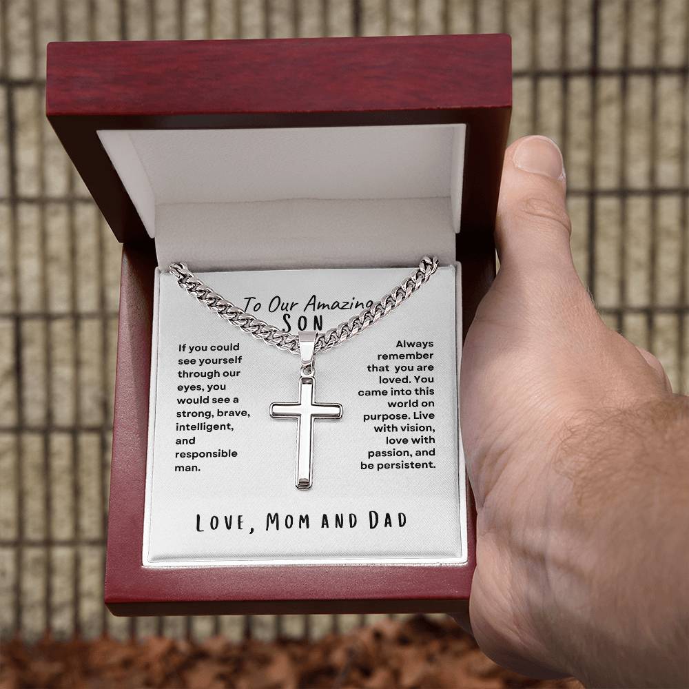 To Our Amazing Son; Love, Mom and Dad Cross Necklace