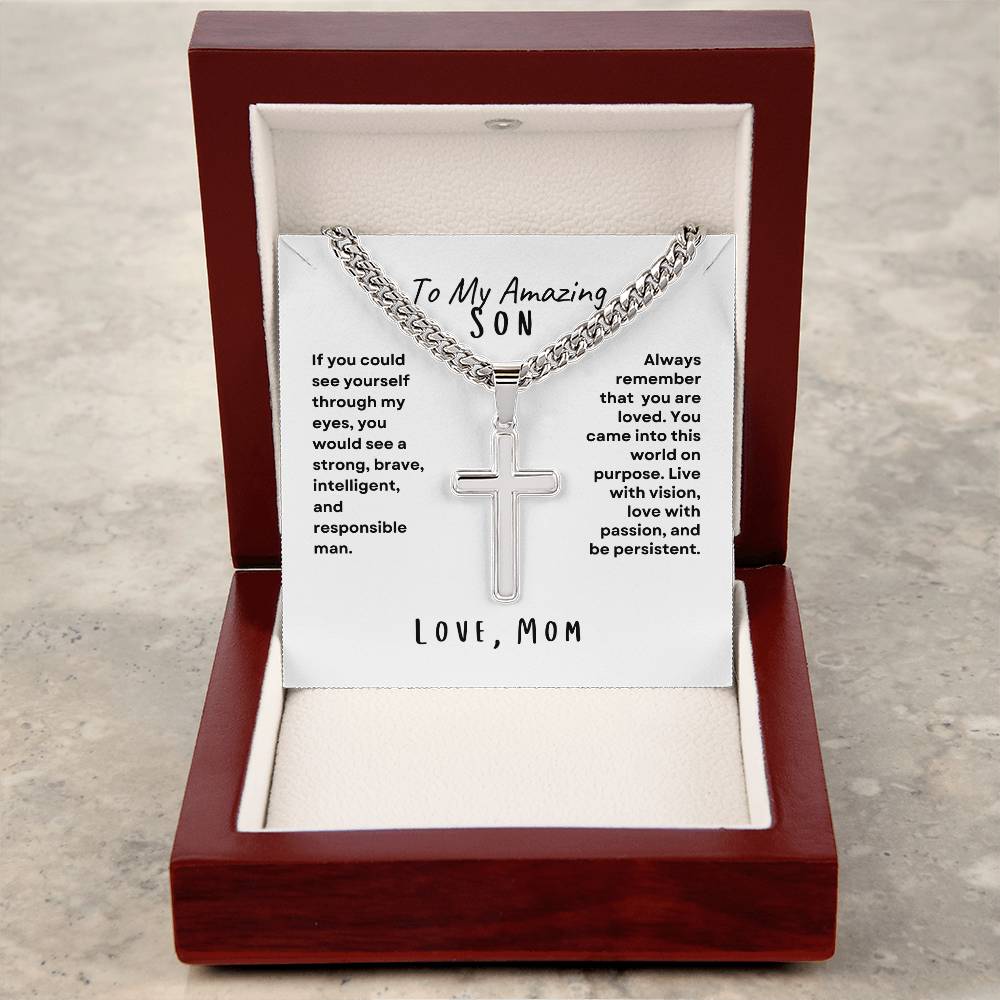 To My Amazing Son; Love Mom Cross Necklace