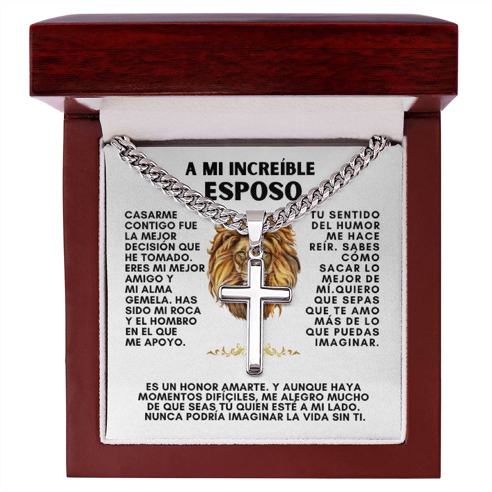 A MI INCREIBLE ESPOSO (Personalizada), Personalized Steel Cross Necklace on Cuban Chain w/ MC