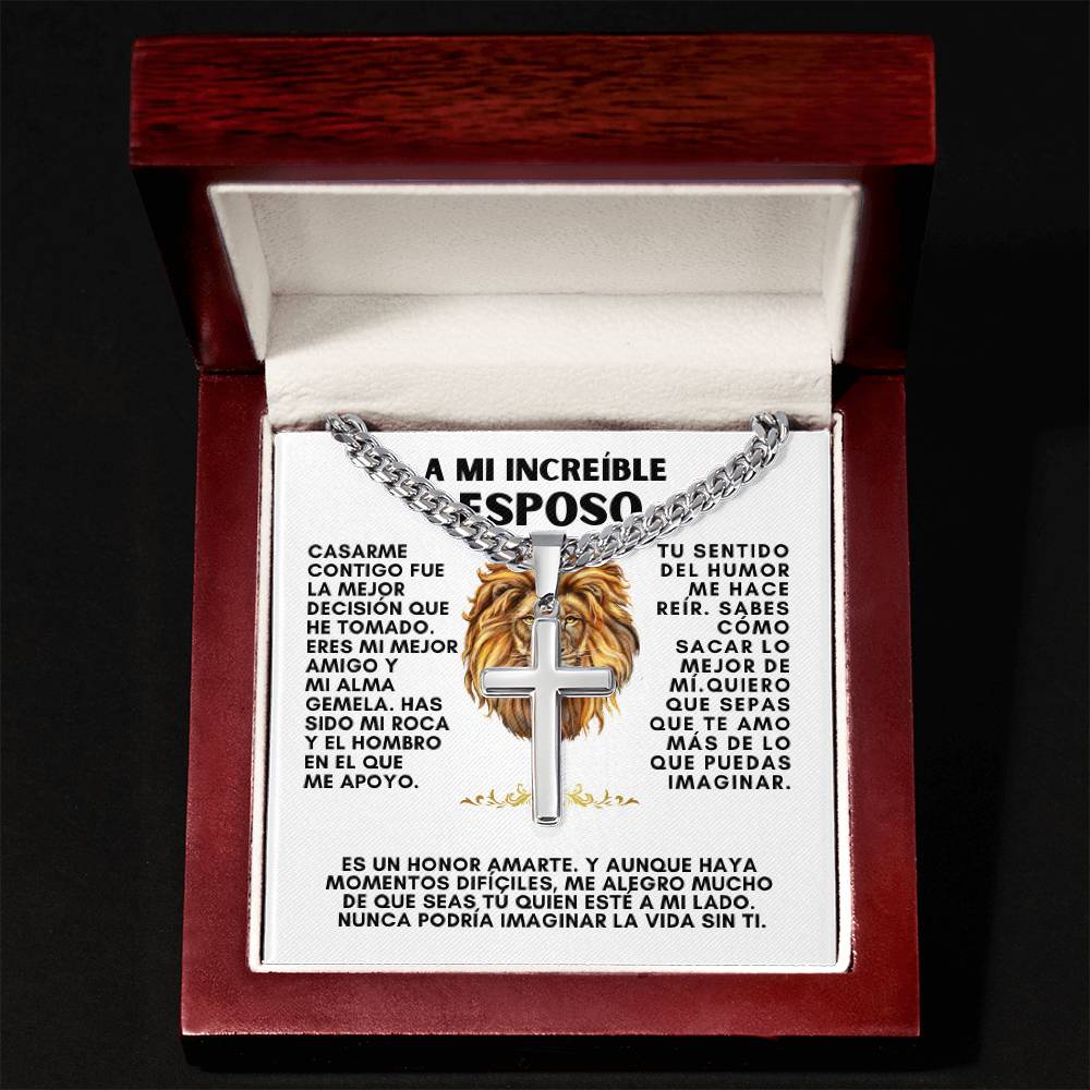 A MI INCREIBLE ESPOSO (Personalizada), Personalized Steel Cross Necklace on Cuban Chain w/ MC