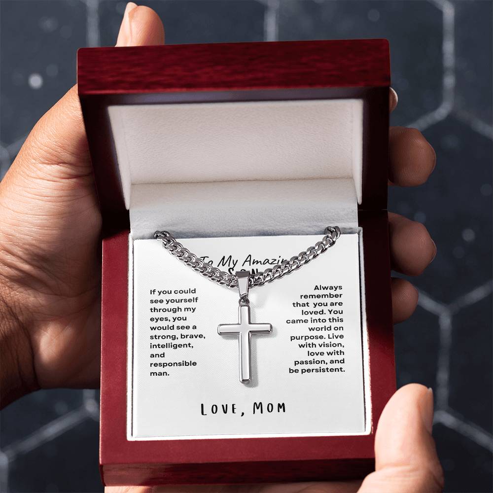 To My Amazing Son; Love Mom Cross Necklace