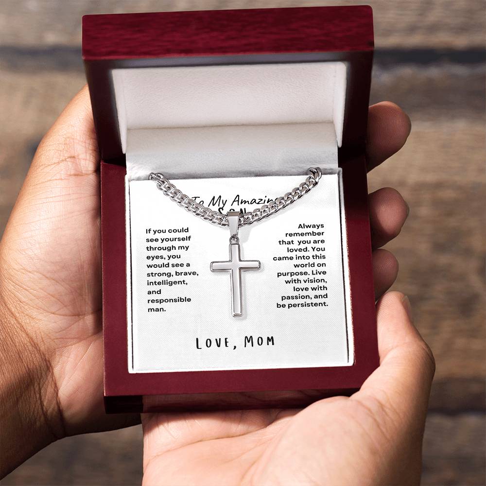 To My Amazing Son; Love Mom Cross Necklace