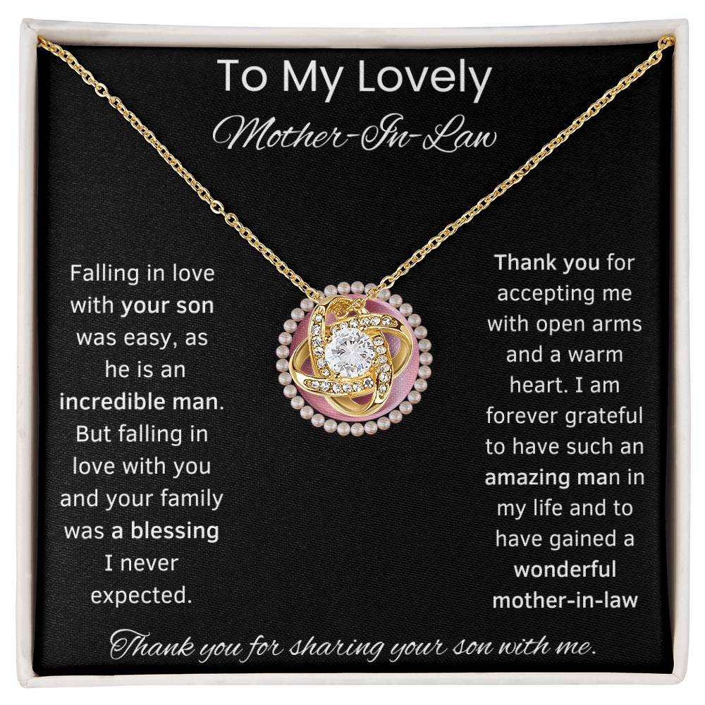 To My Lovely Mother-In-Law Love Knot Necklace (Pink Circle)Choice of Standard Black Box or Mahogany Box With LED Light