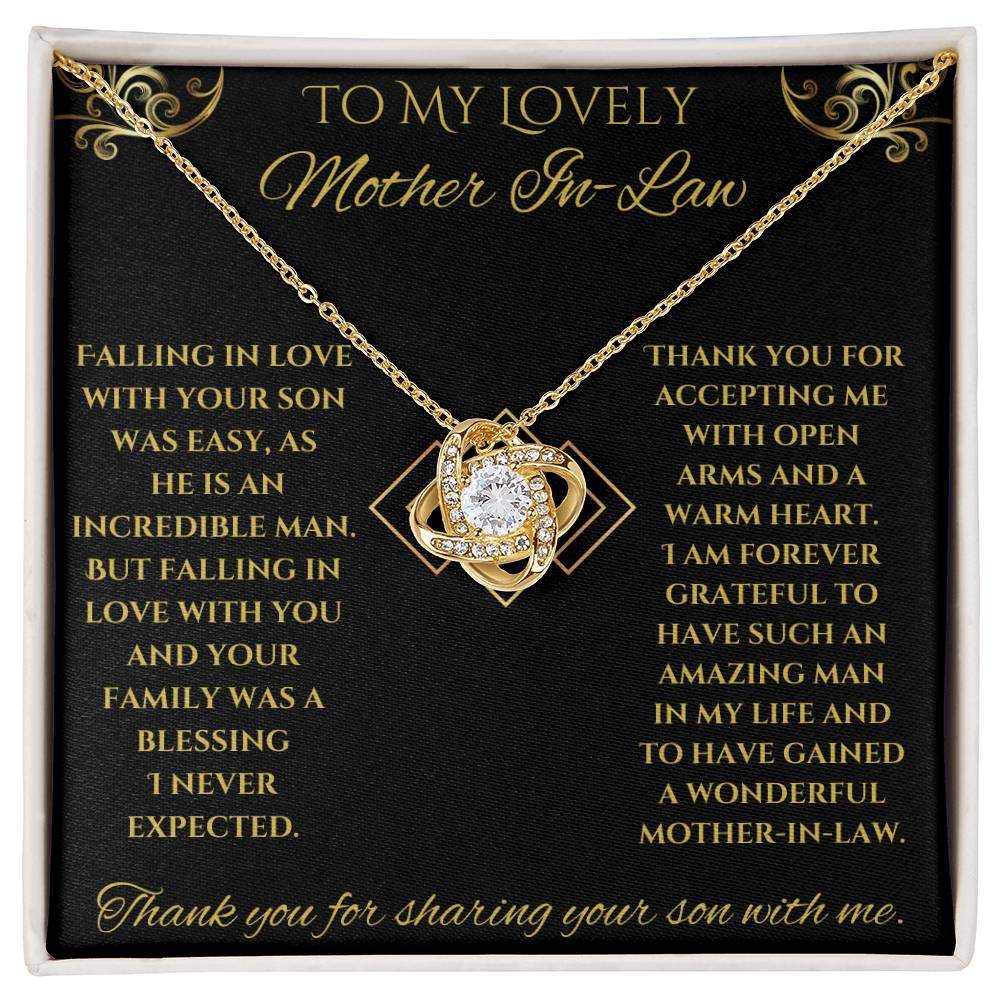 To My Lovely Mother-In-Law Love Knot Necklace (Choice of Standard Black Box or Mahogany Box with LED Light)