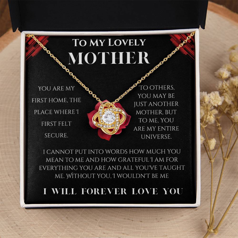 To My Lovely Mother Love Knot Necklace (Choose Standard Black Box or Mahogany Box with LED Light)
