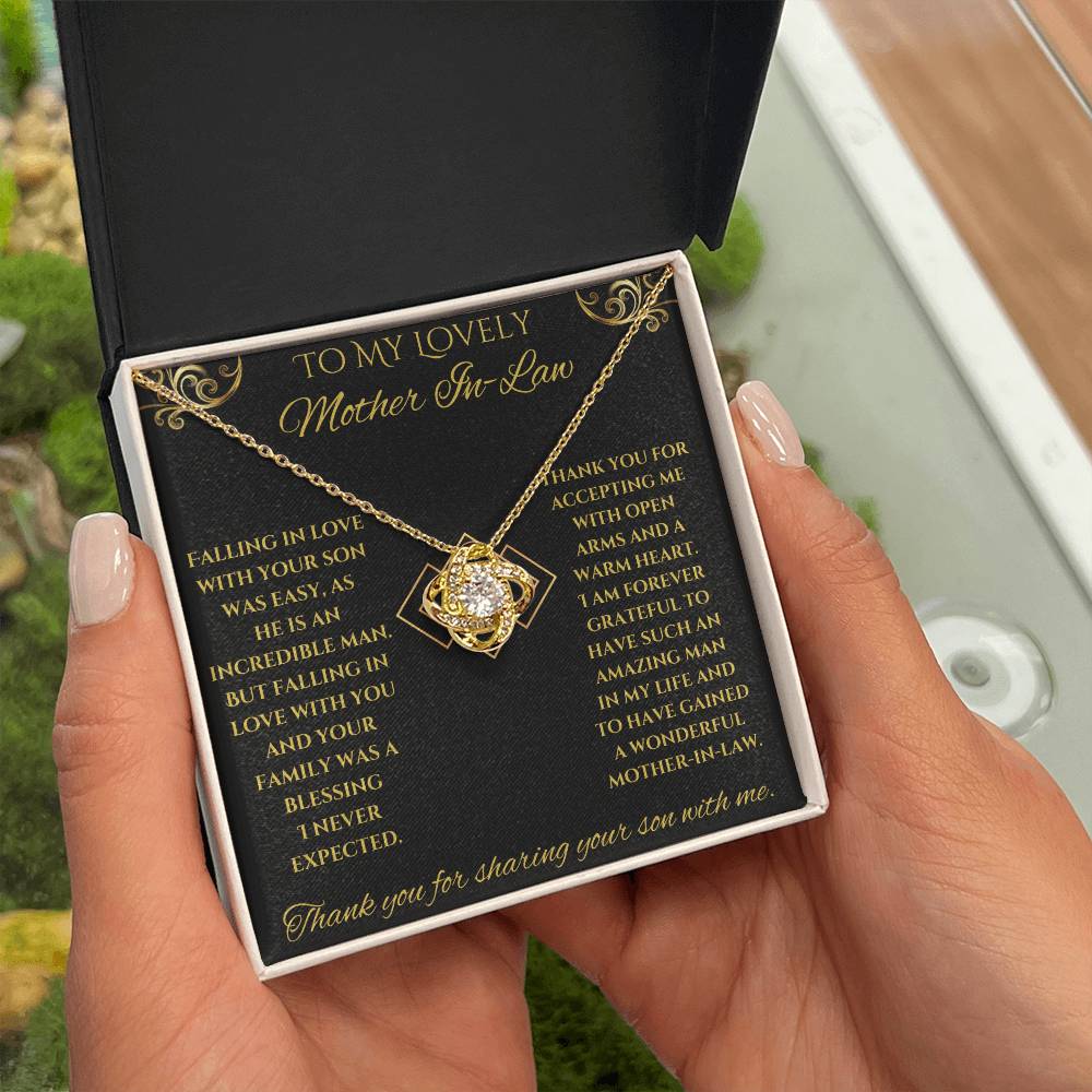 To My Lovely Mother-In-Law Love Knot Necklace (Choice of Standard Black Box or Mahogany Box with LED Light)
