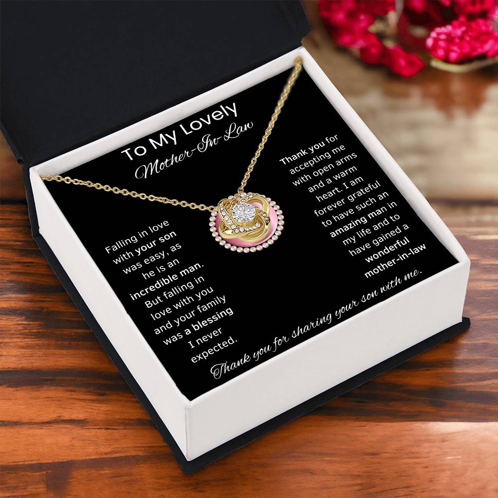 To My Lovely Mother-In-Law Love Knot Necklace (Pink Circle)Choice of Standard Black Box or Mahogany Box With LED Light