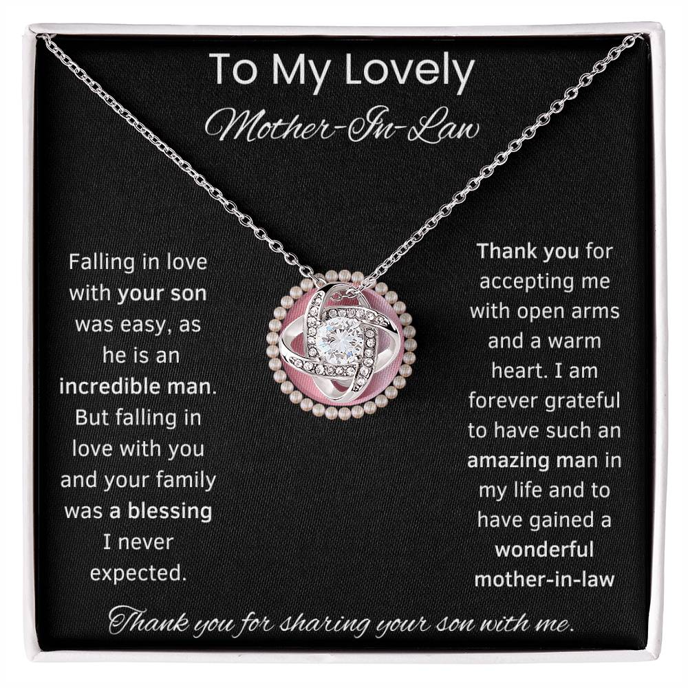 To My Lovely Mother-In-Law Love Knot Necklace (Pink Circle)Choice of Standard Black Box or Mahogany Box With LED Light