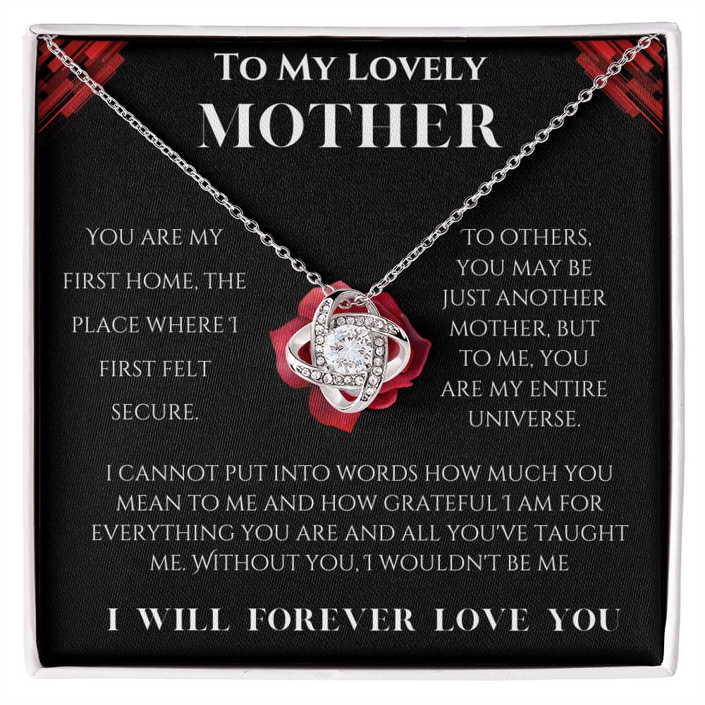 To My Lovely Mother Love Knot Necklace (Choose Standard Black Box or Mahogany Box with LED Light)