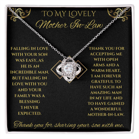 To My Lovely Mother-In-Law Love Knot Necklace (Choice of Standard Black Box or Mahogany Box with LED Light)