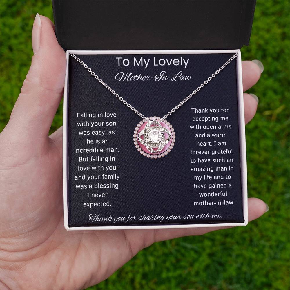 To My Lovely Mother-In-Law Love Knot Necklace (Pink Circle)Choice of Standard Black Box or Mahogany Box With LED Light