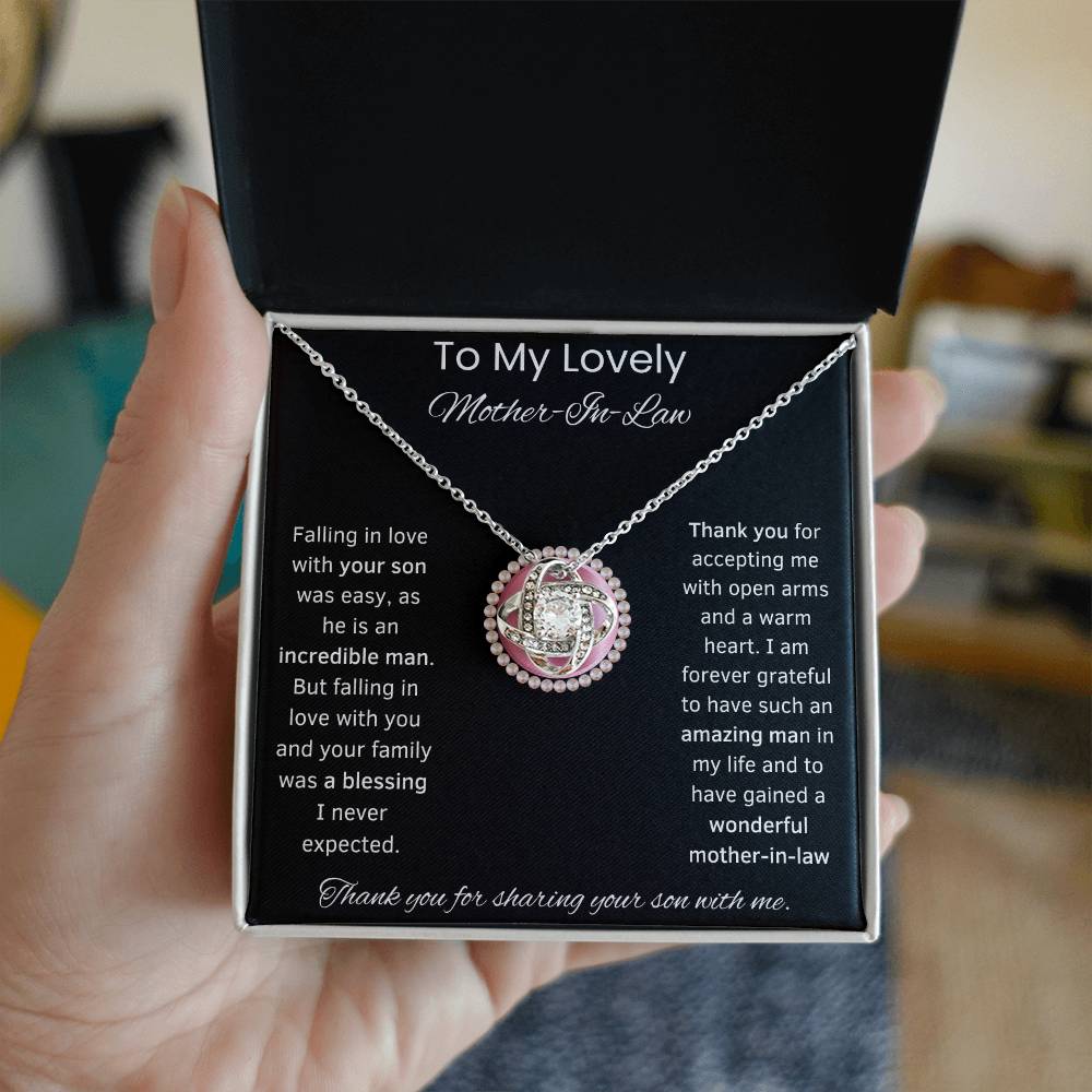 To My Lovely Mother-In-Law Love Knot Necklace (Pink Circle)Choice of Standard Black Box or Mahogany Box With LED Light