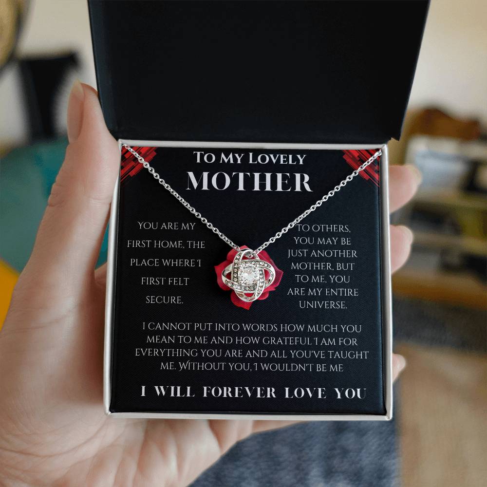 To My Lovely Mother Love Knot Necklace (Choose Standard Black Box or Mahogany Box with LED Light)
