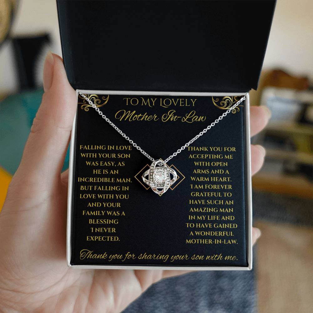 To My Lovely Mother-In-Law Love Knot Necklace (Choice of Standard Black Box or Mahogany Box with LED Light)