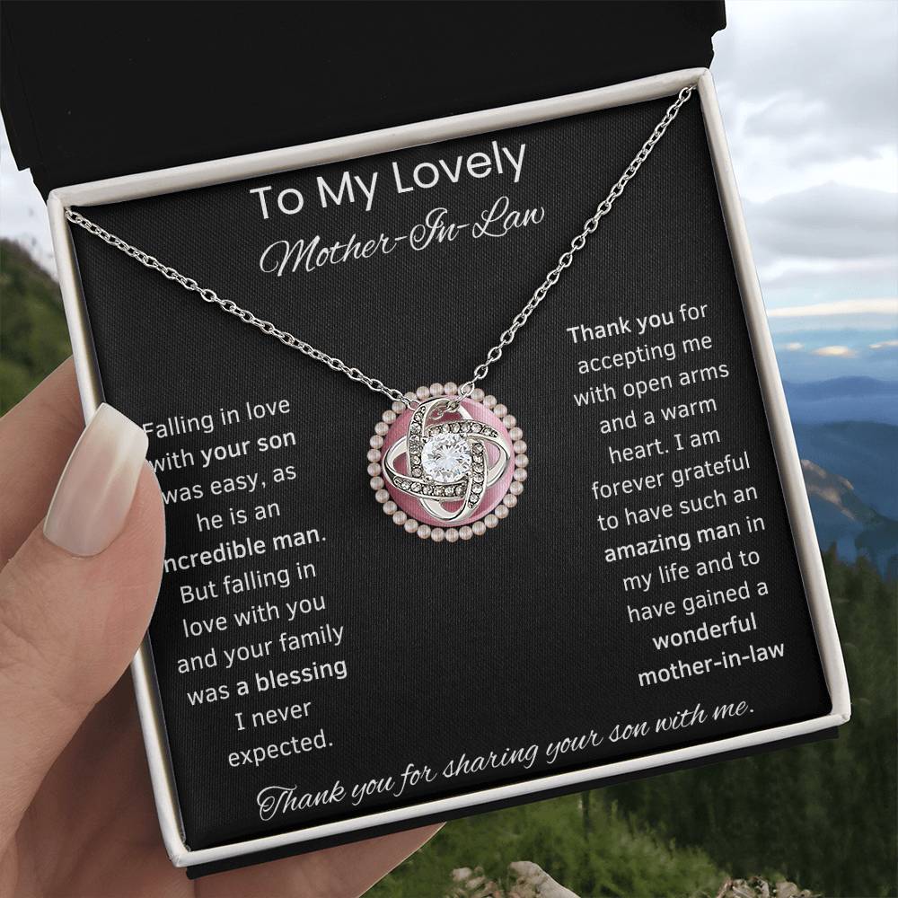 To My Lovely Mother-In-Law Love Knot Necklace (Pink Circle)Choice of Standard Black Box or Mahogany Box With LED Light