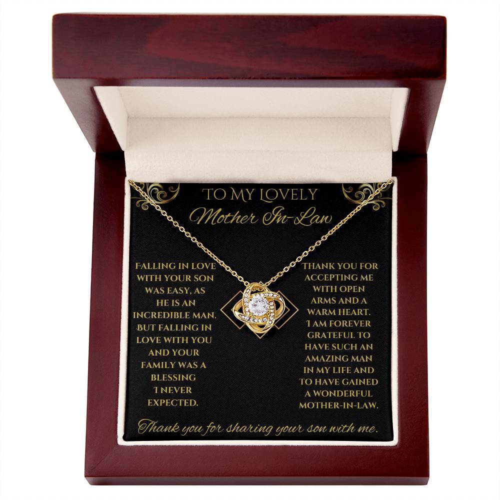 To My Lovely Mother-In-Law Love Knot Necklace (Choice of Standard Black Box or Mahogany Box with LED Light)