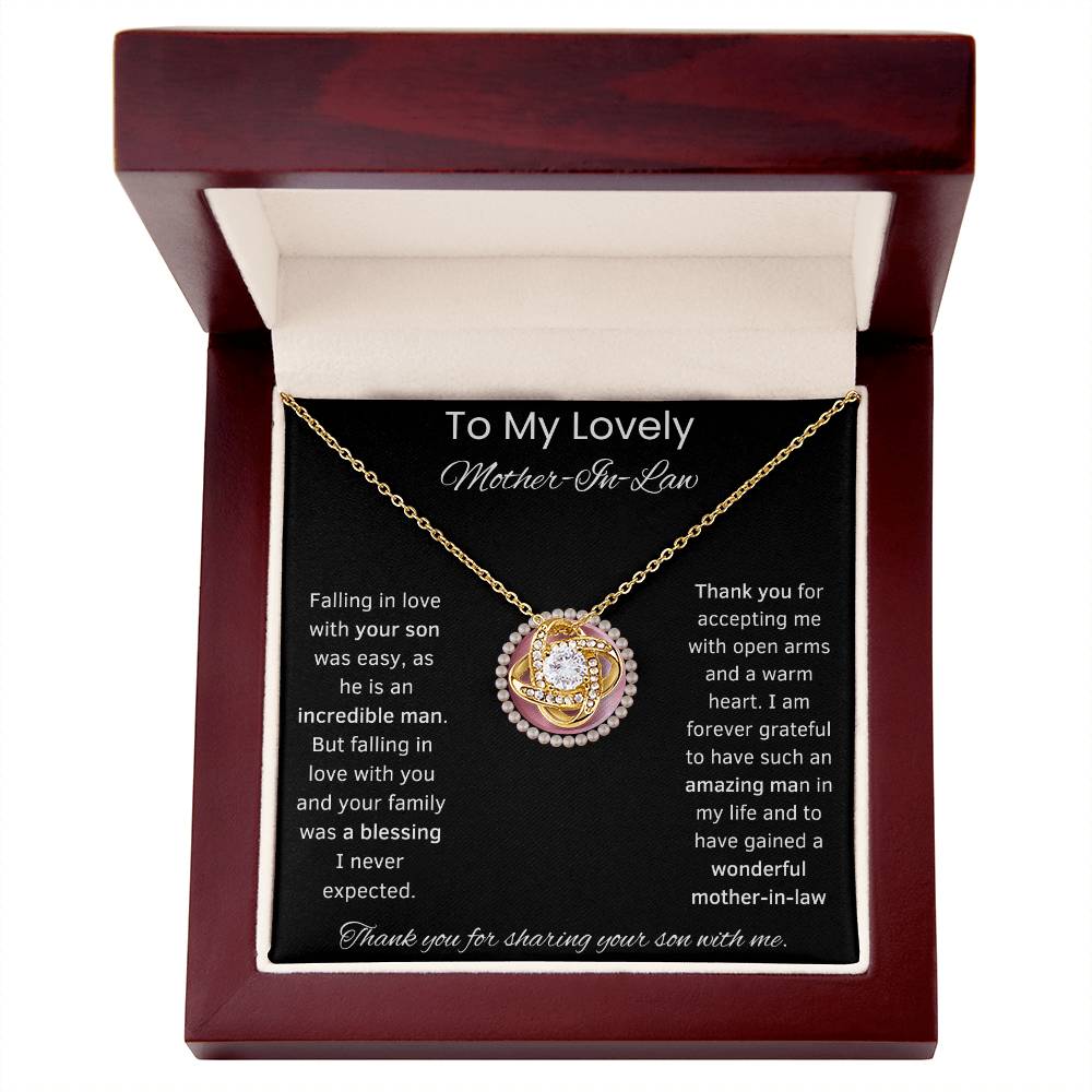 To My Lovely Mother-In-Law Love Knot Necklace (Pink Circle)Choice of Standard Black Box or Mahogany Box With LED Light