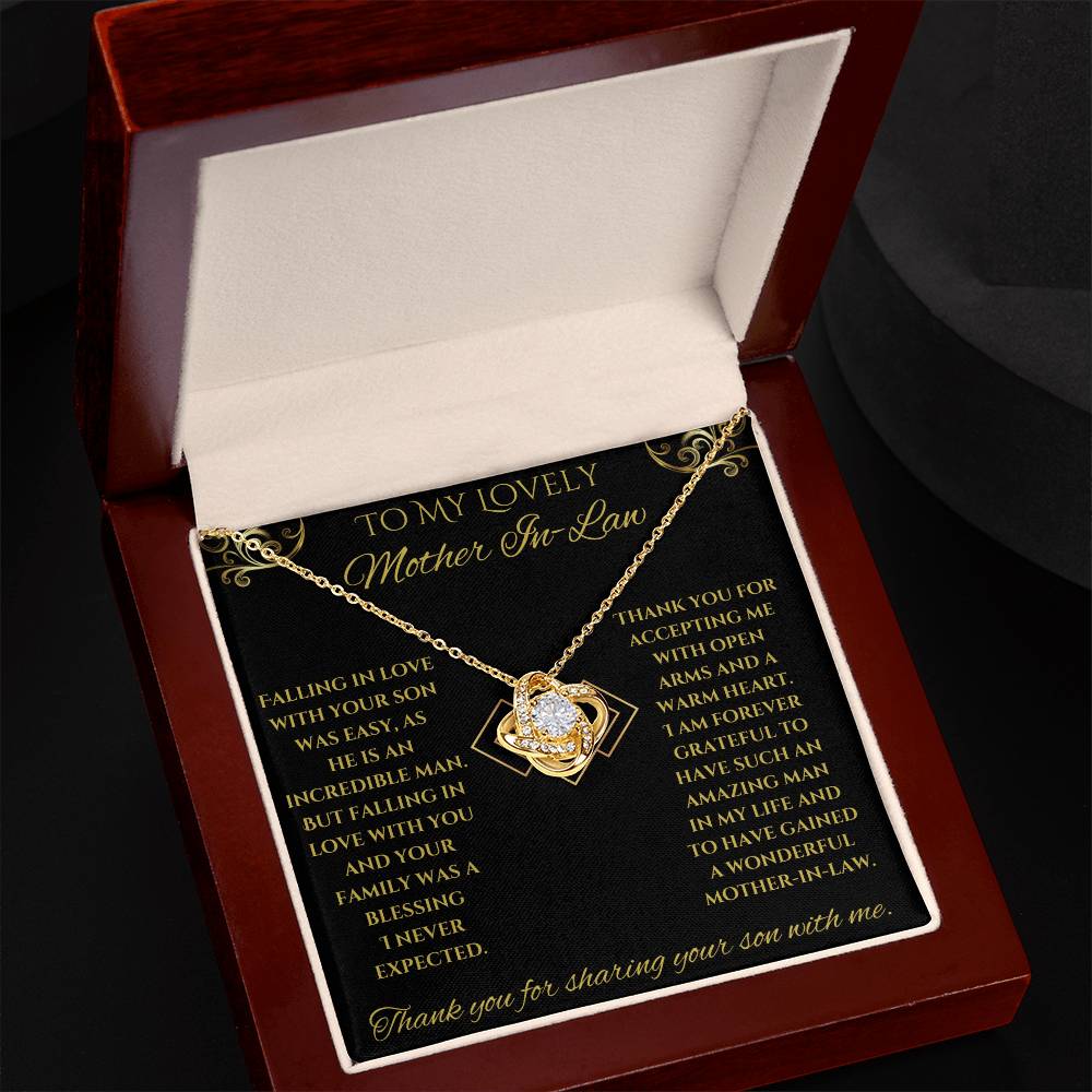 To My Lovely Mother-In-Law Love Knot Necklace (Choice of Standard Black Box or Mahogany Box with LED Light)