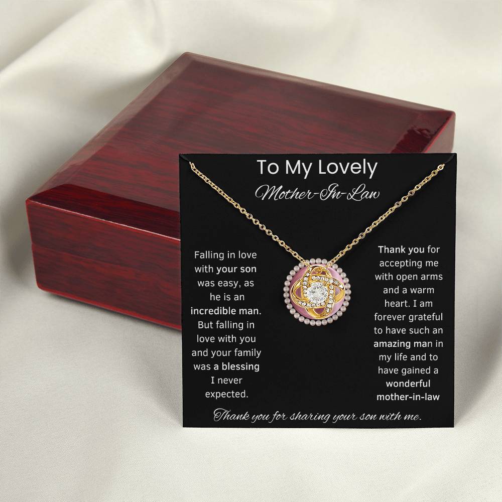 To My Lovely Mother-In-Law Love Knot Necklace (Pink Circle)Choice of Standard Black Box or Mahogany Box With LED Light