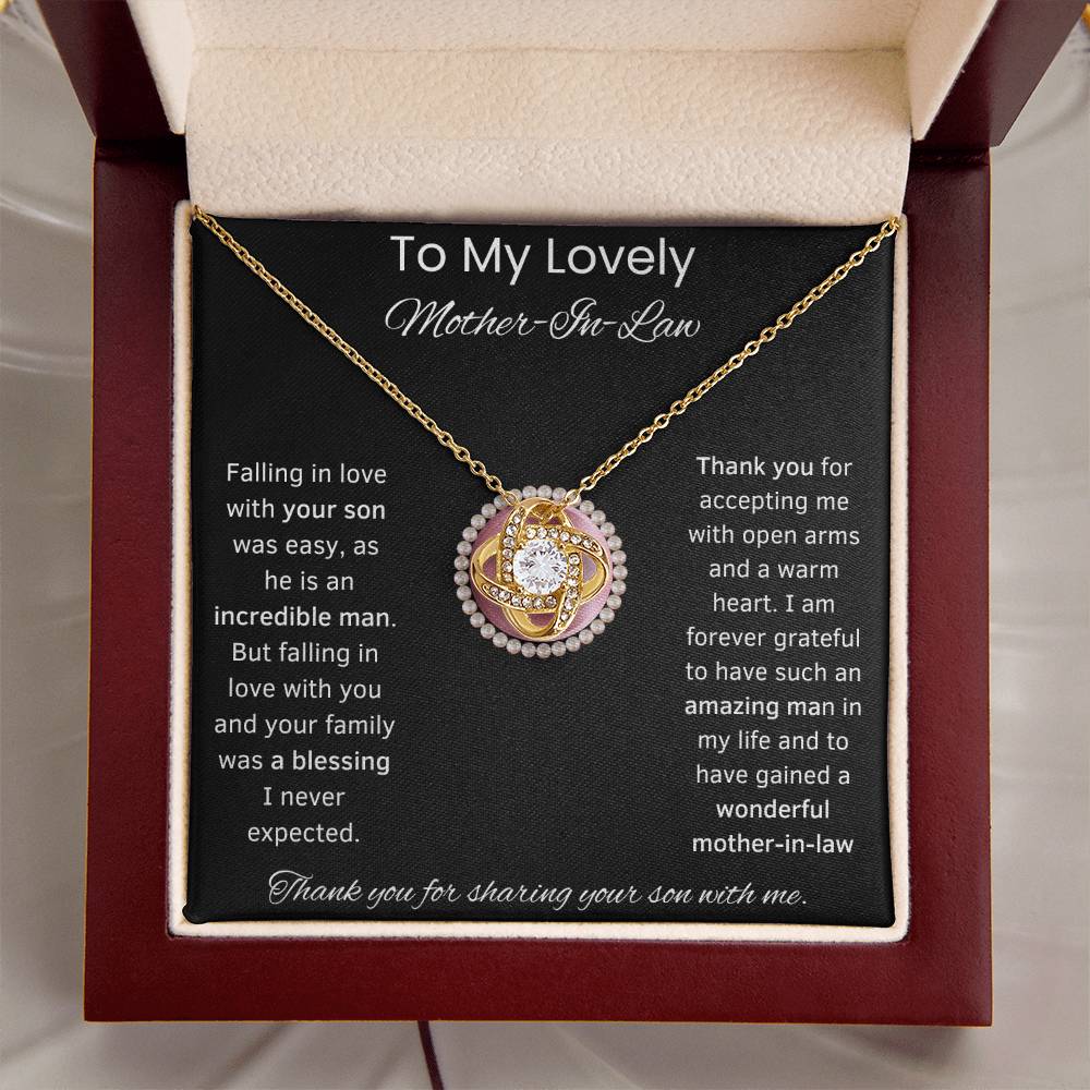 To My Lovely Mother-In-Law Love Knot Necklace (Pink Circle)Choice of Standard Black Box or Mahogany Box With LED Light