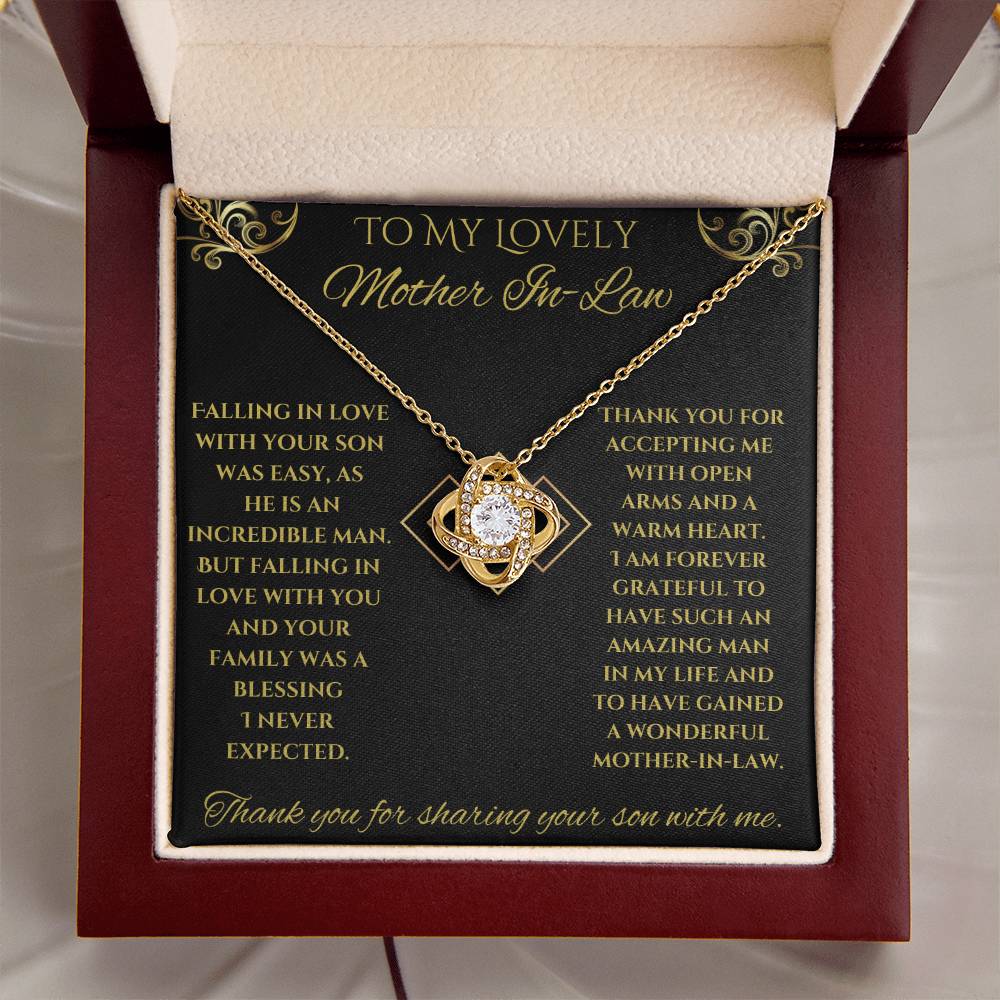 To My Lovely Mother-In-Law Love Knot Necklace (Choice of Standard Black Box or Mahogany Box with LED Light)