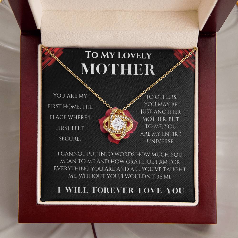 To My Lovely Mother Love Knot Necklace (Choose Standard Black Box or Mahogany Box with LED Light)