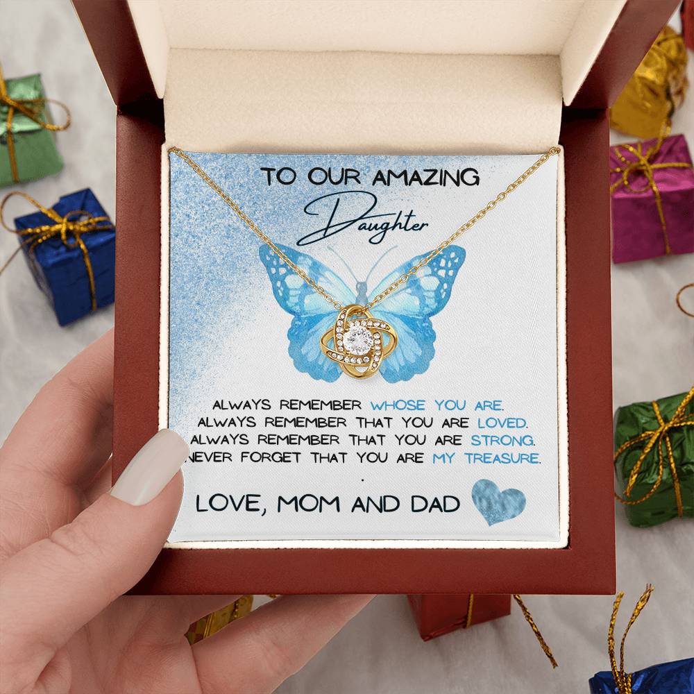 To Our Amazing Daughter Love, Mom and Dad  Love Knot Necklace