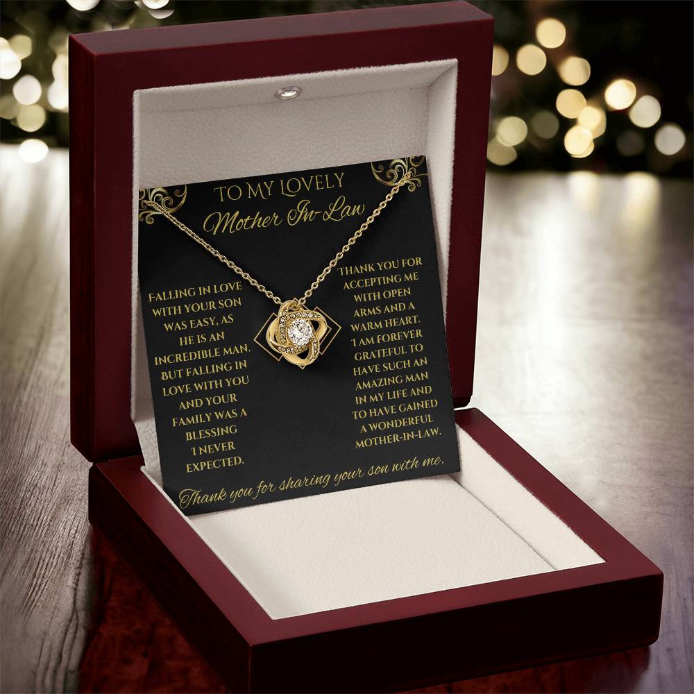 To My Lovely Mother-In-Law Love Knot Necklace (Choice of Standard Black Box or Mahogany Box with LED Light)