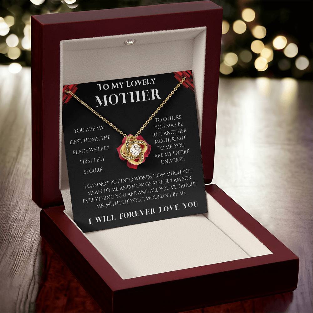 To My Lovely Mother Love Knot Necklace (Choose Standard Black Box or Mahogany Box with LED Light)